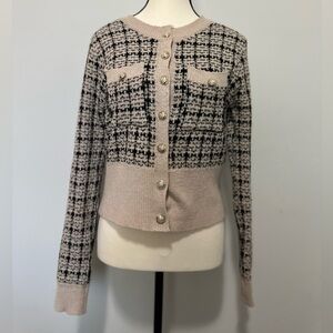 SHEIN Black and Cream Plaid Cardigan